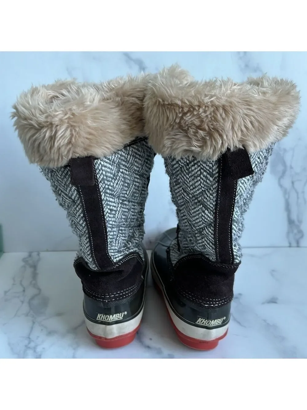 Khombu Arielle Tweed Lace Up Boot Brown Faux Fur Collar Size 7